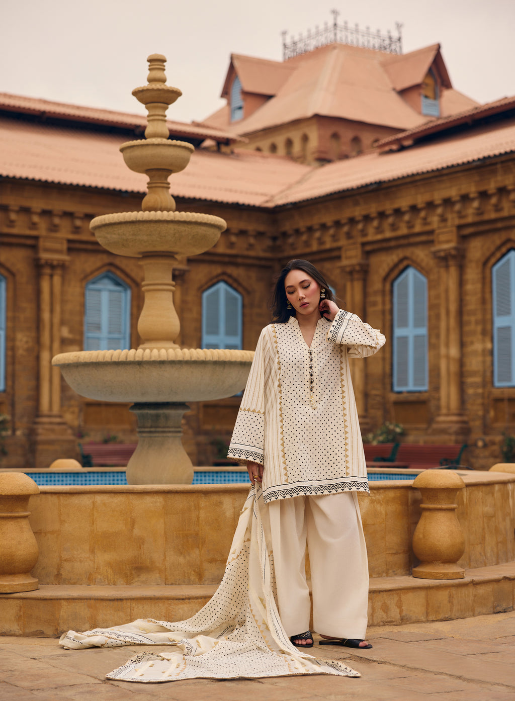 Coconut Sorbet ivory block-print three-piece suit with farshi shalwar and printed dupatta, full length