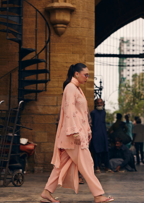 Coronation Pink peach three-piece suit with pearls, 3D floral appliqués and silk dupatta, full length