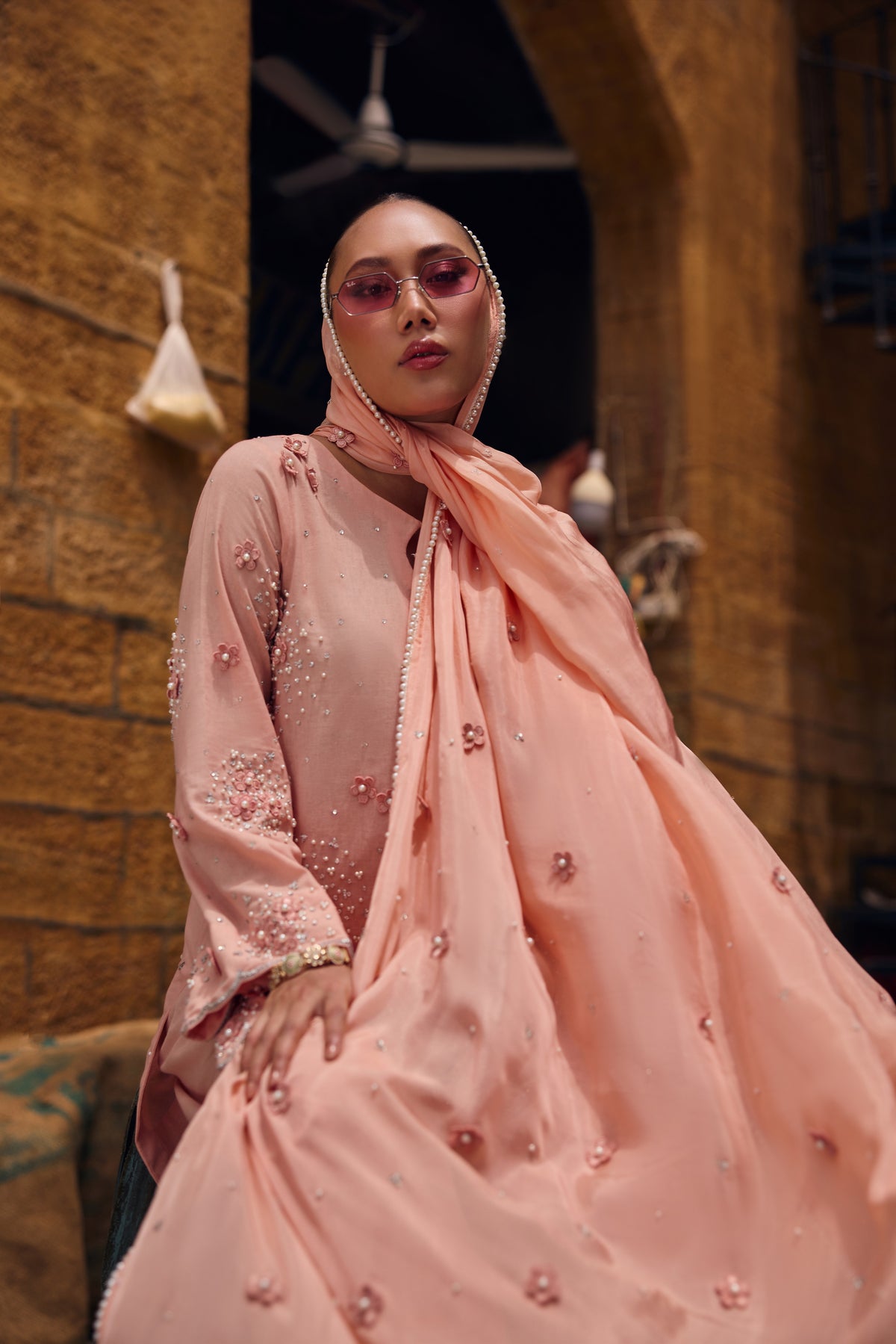 Close-up of the Coronation Pink kurta and pearl-edged silk dupatta with 3D floral appliqués