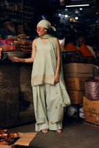 Honeydew Frost sage green three-piece suit with farshi shalwar and lace-edged dupatta, full length