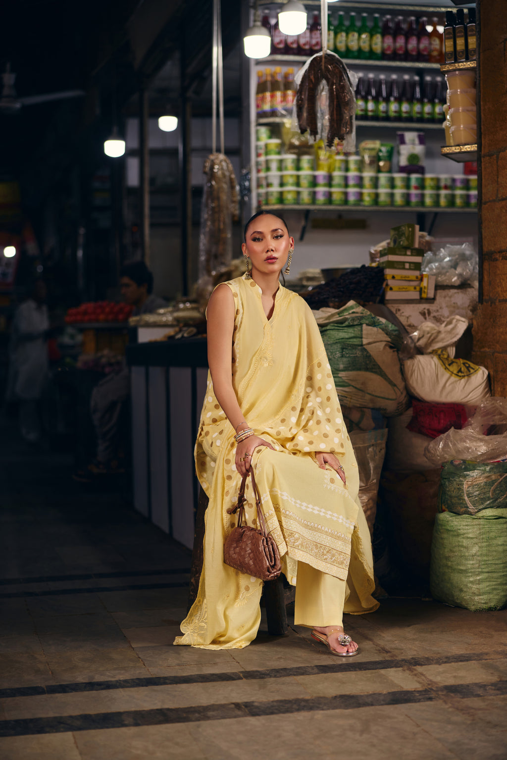 Lemon Meringue yellow three-piece suit with wide-leg pants and polka-dot dupatta, full length