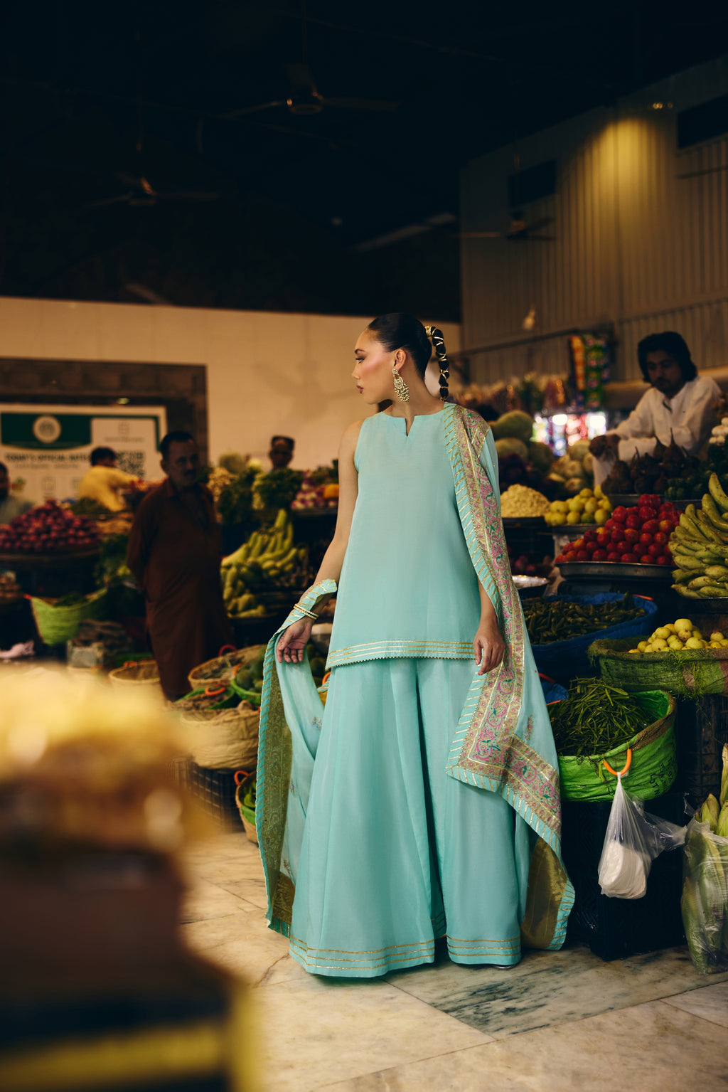 Mermaid Majesty sea green raw silk short shirt with flared dhaka pants and block-printed silk dupatta, full length