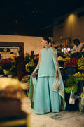 Mermaid Majesty sea green raw silk short shirt with flared dhaka pants and block-printed silk dupatta, full length