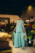 Mermaid Majesty sea green raw silk short shirt with flared dhaka pants and block-printed silk dupatta, full length